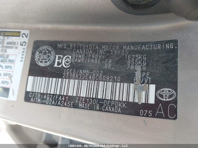 Aukcja sprzedaży 2006 Toyota Corolla Ce/le/sport, vin: 2T1BR32E46C608210, numer aukcji: 12681430
