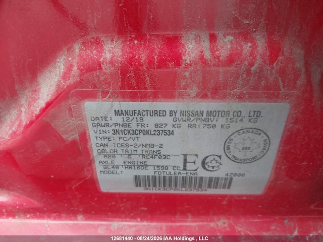 3N1CK3CP0KL237534 Nissan Micra S/sr/sv