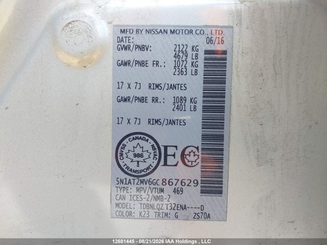 5N1AT2MV6GC867629 Nissan Rogue S/sl Premium/sv