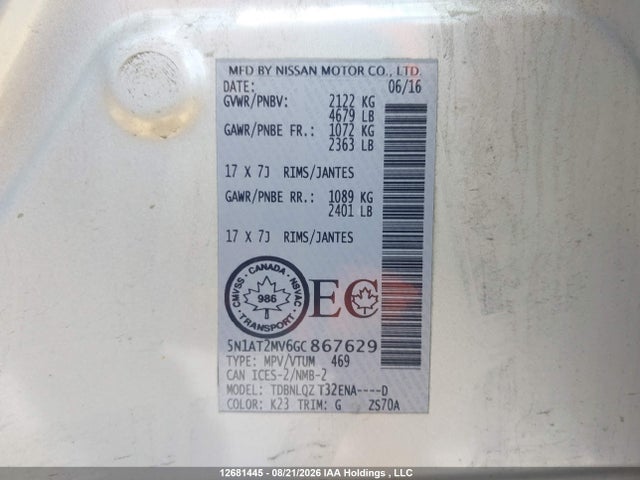 5N1AT2MV6GC867629 Nissan Rogue S/sl Premium/sv