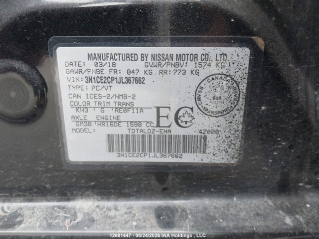 3N1CE2CP1JL367662 Nissan Versa Note S/sr/sv