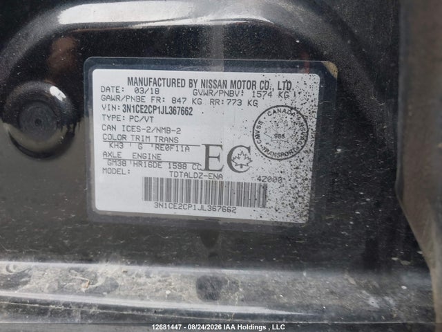 3N1CE2CP1JL367662 Nissan Versa Note S/sr/sv
