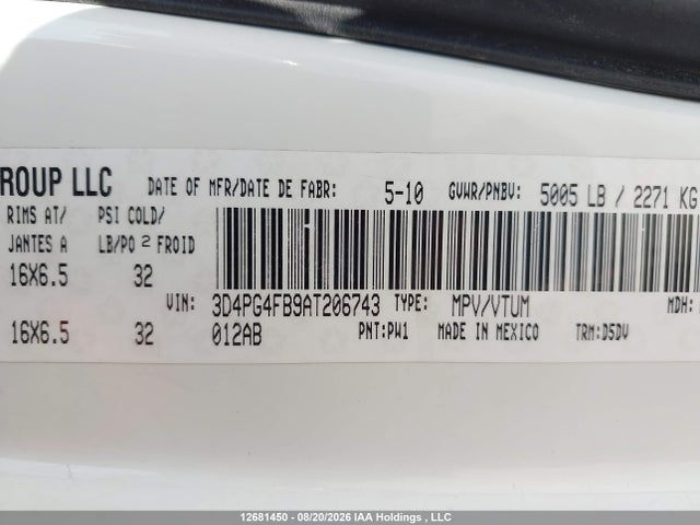 12681450 :رقم المزاد ، 3D4PG4FB9AT206743 vin ، 2010 Dodge Journey Se مزاد بيع