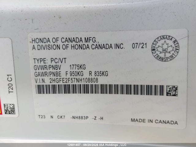 Honda CIVIC SEDAN 2022 2HGFE2F57NH108808 Image 22