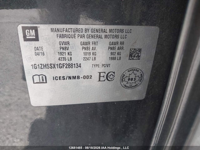 Продажа на аукционе авто 2016 Chevrolet Malibu Premier, vin: 1G1ZH5SX1GF288134, номер лота: 12681485