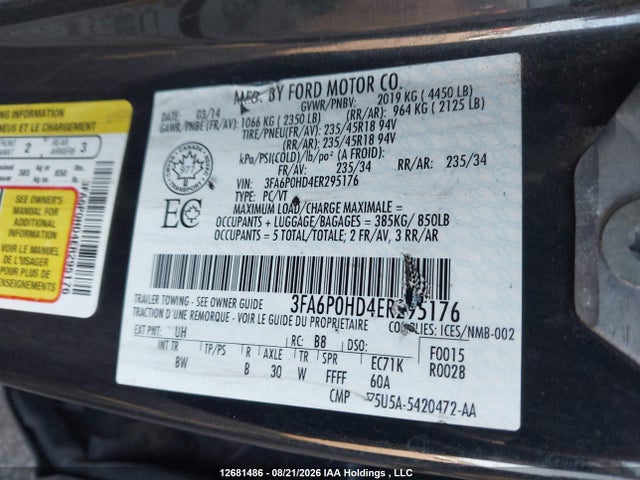 Продажа на аукционе авто 2014 Ford Fusion Se, vin: 3FA6P0HD4ER295176, номер лота: 12681486