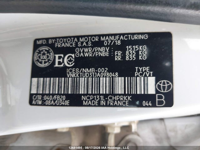 2018 Toyota Yaris Le მანქანა იყიდება აუქციონზე, vin: VNKKTUD31JA098048, აუქციონის ნომერი: 12681495
