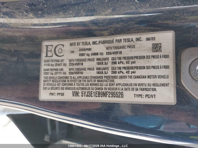 Tesla MODEL 3 2022 5YJ3E1EB9NF295526 Image 18