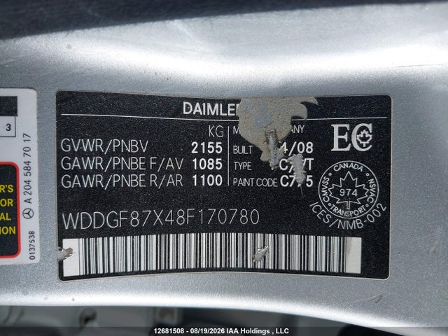 2008 Mercedes-benz C 350 4matic მანქანა იყიდება აუქციონზე, vin: WDDGF87X48F170780, აუქციონის ნომერი: 12681508