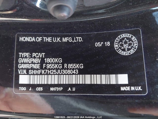 2018 Honda Civic მანქანა იყიდება აუქციონზე, vin: SHHFK7H25JU308043, აუქციონის ნომერი: 12681523