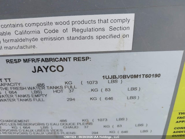 12681524 :رقم المزاد ، 1UJBJ0BV0M1T60190 vin ، 2021 Jayco  مزاد بيع