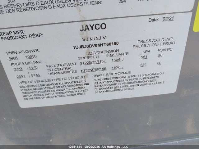 12681524 :رقم المزاد ، 1UJBJ0BV0M1T60190 vin ، 2021 Jayco  مزاد بيع