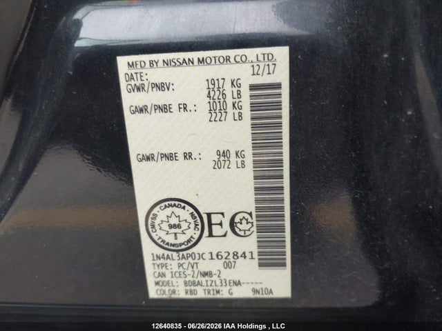 Продаж на аукціоні авто 2018 Nissan Altima 2.5 S/2.5 Sl Tech/2.5 Sv, vin: 1N4AL3AP0JC162841, номер лоту: 12640835