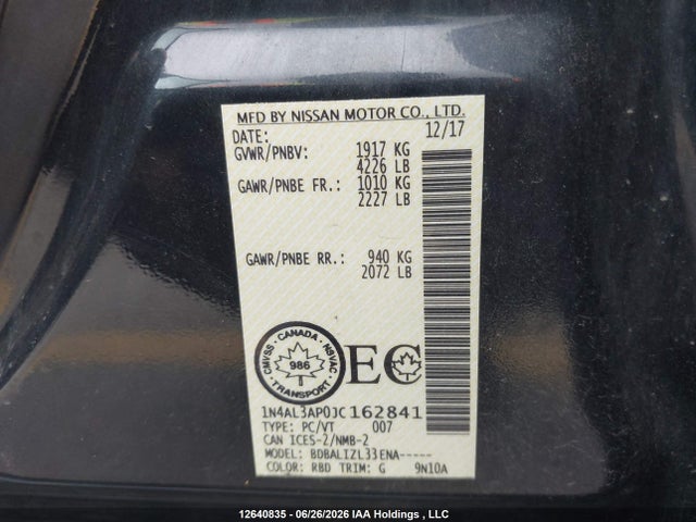 Продаж на аукціоні авто 2018 Nissan Altima 2.5 S/2.5 Sl Tech/2.5 Sv, vin: 1N4AL3AP0JC162841, номер лоту: 12640835