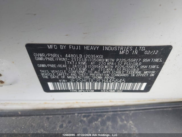 Aukcja sprzedaży 2012 Subaru Forester 2.5x Limited Package, vin: JF2SHCDC2CH445645, numer aukcji: 12660095