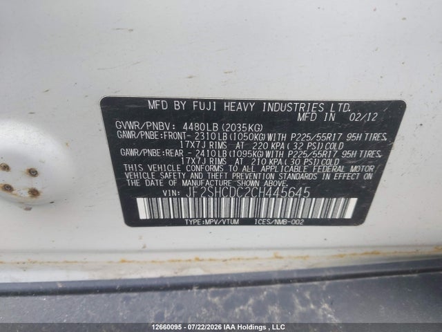 Aukcja sprzedaży 2012 Subaru Forester 2.5x Limited Package, vin: JF2SHCDC2CH445645, numer aukcji: 12660095