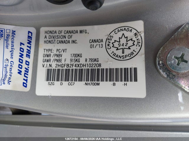 12672154 :رقم المزاد ، 2HGFB2F4XDH102208 vin ، 2013 Honda Civic Lx مزاد بيع