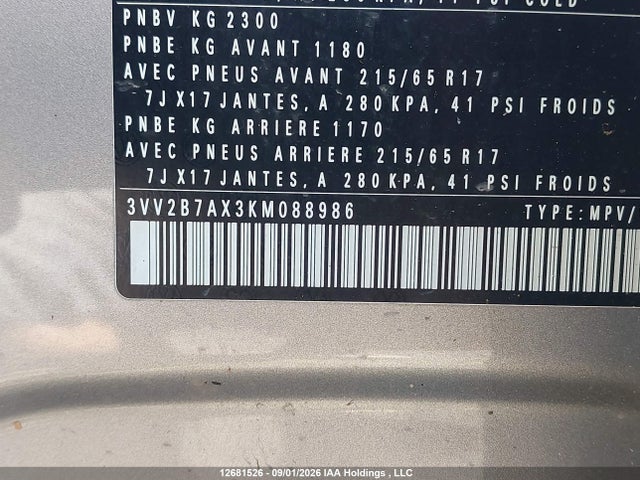 12681526 :رقم المزاد ، 3VV2B7AX3KM088986 vin ، 2019 Volkswagen Tiguan Comfortline مزاد بيع