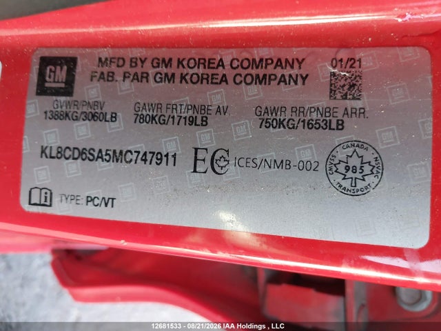 Продажа на аукционе авто 2021 Chevrolet Spark 1lt, vin: KL8CD6SA5MC747911, номер лота: 12681533