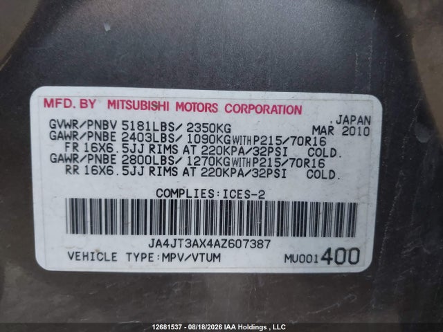 Продажа на аукционе авто 2010 Mitsubishi Outlander Ls, vin: JA4JT3AX4AZ607387, номер лота: 12681537