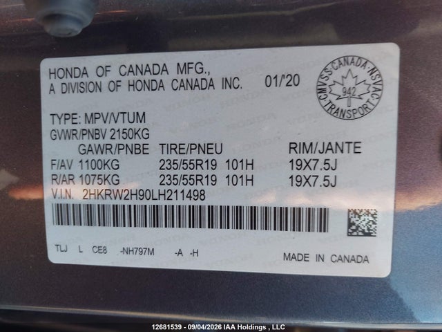 Honda Cr-v Touring 2020 2HKRW2H90LH211498 Image 9