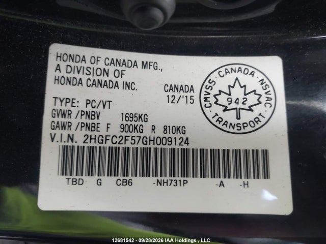 Honda Civic 2016 2HGFC2F57GH009124 Image 9