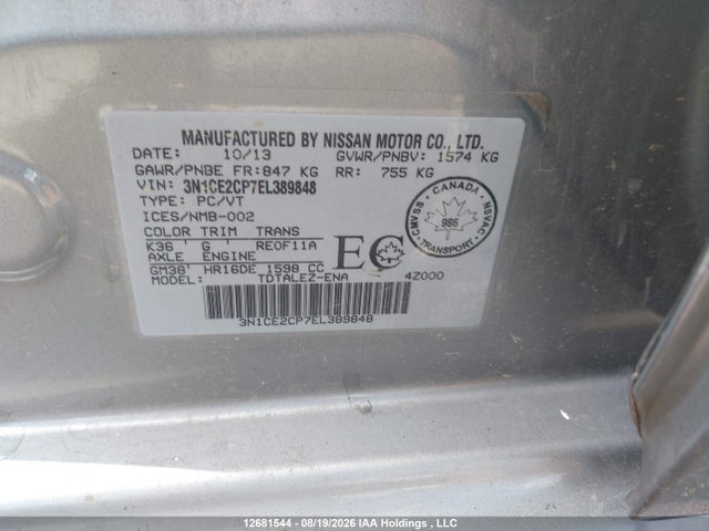 2014 Nissan Versa Note S/s Plus/sv/sl მანქანა იყიდება აუქციონზე, vin: 3N1CE2CP7EL389848, აუქციონის ნომერი: 12681544