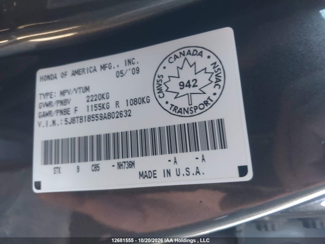 12681555 :رقم المزاد ، 5J8TB18559A802632 vin ، 2009 Acura Rdx مزاد بيع
