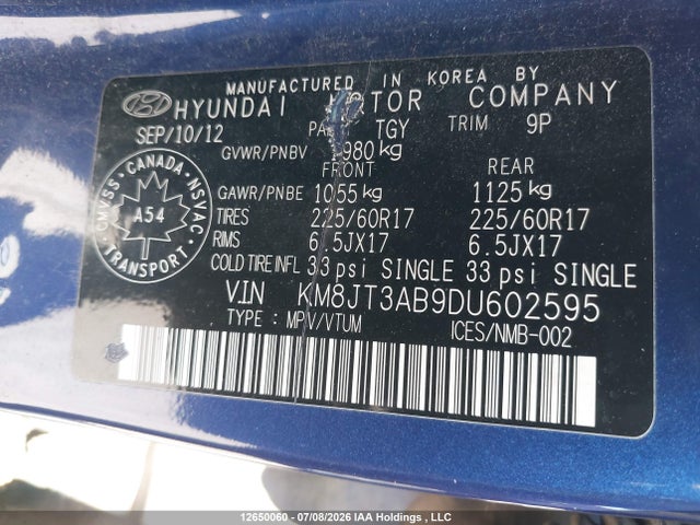 Продажа на аукционе авто 2013 Hyundai Tucson L, vin: KM8JT3AB9DU602595, номер лота: 12650060