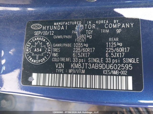 Продажа на аукционе авто 2013 Hyundai Tucson L, vin: KM8JT3AB9DU602595, номер лота: 12650060