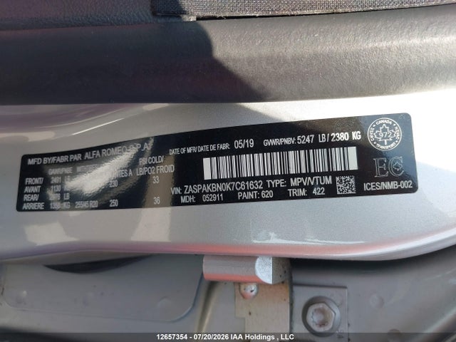 2019 Alfa Romeo Stelvio Ti მანქანა იყიდება აუქციონზე, vin: ZASPAKBN0K7C61632, აუქციონის ნომერი: 12657354