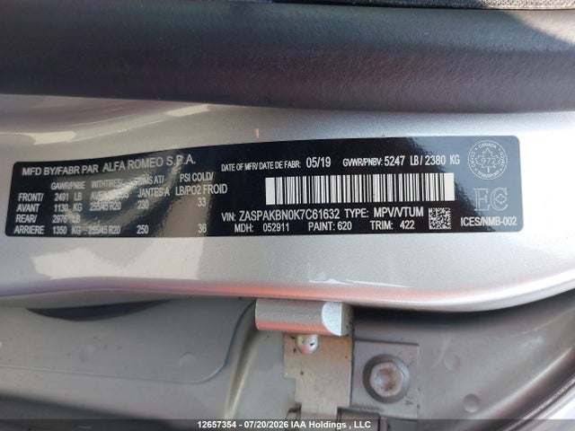 2019 Alfa Romeo Stelvio Ti მანქანა იყიდება აუქციონზე, vin: ZASPAKBN0K7C61632, აუქციონის ნომერი: 12657354