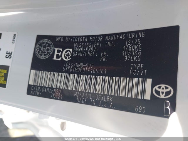 Aukcja sprzedaży 2026 Toyota Corolla, vin: 5YFB4MDE0TP405361, numer aukcji: 12681575
