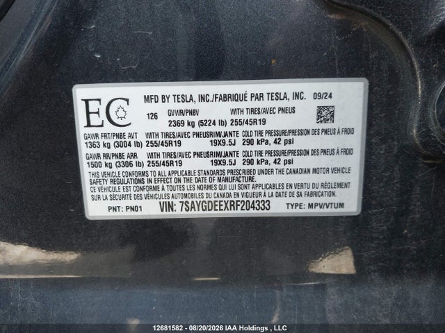 12681582 :رقم المزاد ، 7SAYGDEEXRF204333 vin ، 2024 Tesla Model Y Long Range مزاد بيع