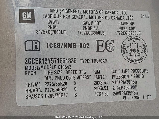 2007 Chevrolet Silverado K1500 Crew Cab მანქანა იყიდება აუქციონზე, vin: 2GCEK13Y571661836, აუქციონის ნომერი: 12681583