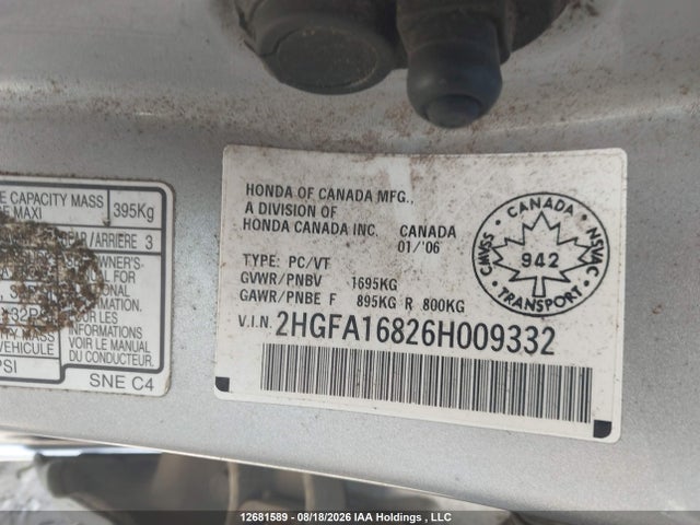 12681589 :رقم المزاد ، 2HGFA16826H009332 vin ، 2006 Honda Civic Ex 4dr مزاد بيع