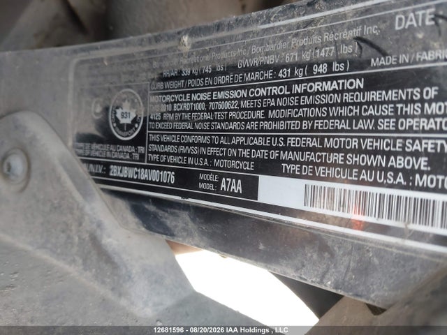 12681596 :رقم المزاد ، 2BXJBWC18AV001076 vin ، 2010 Can-am Spyder Roadster Rts مزاد بيع