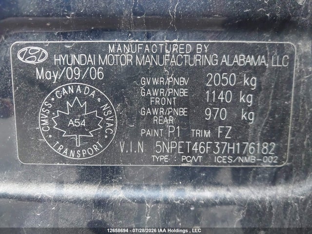 2007 Hyundai Sonata Gl მანქანა იყიდება აუქციონზე, vin: 5NPET46F37H176182, აუქციონის ნომერი: 12658694