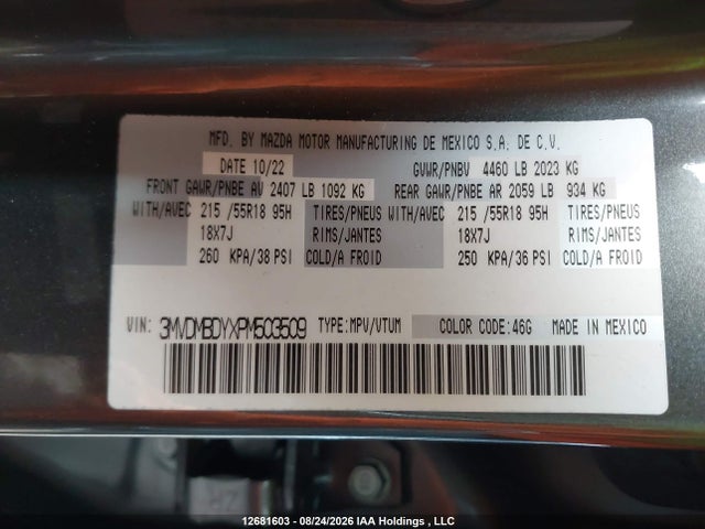 12681603 :رقم المزاد ، 3MVDMBDYXPM503509 vin ، 2023 Mazda Cx-30 مزاد بيع