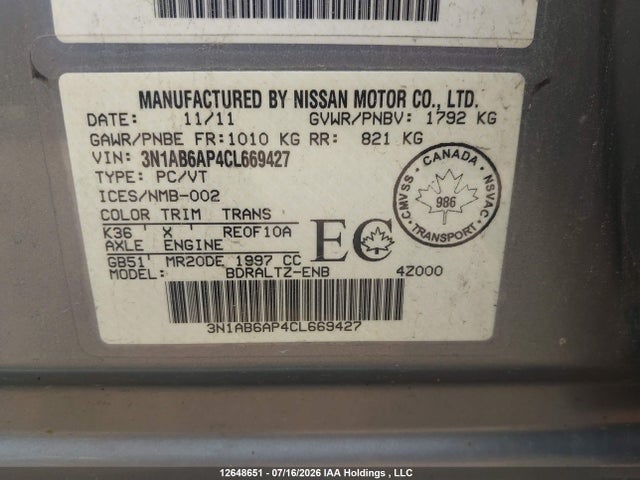 2012 Nissan Sentra 2.0/2.0 S/2.0 Sl/2.0 Sr მანქანა იყიდება აუქციონზე, vin: 3N1AB6AP4CL669427, აუქციონის ნომერი: 12648651
