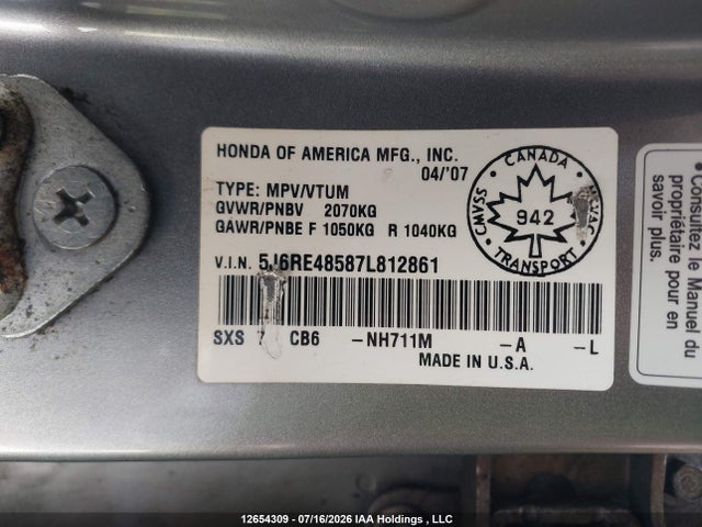 Продаж на аукціоні авто 2007 Honda Cr-v Ex, vin: 5J6RE48587L812861, номер лоту: 12654309