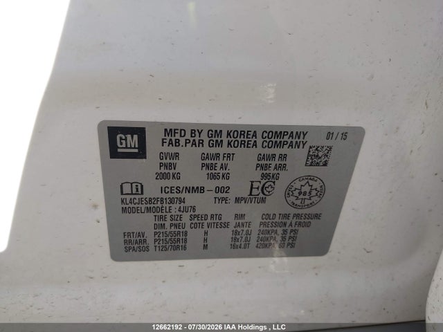 Aukcja sprzedaży 2015 Buick Encore Convenience, vin: KL4CJESB2FB130794, numer aukcji: 12662192