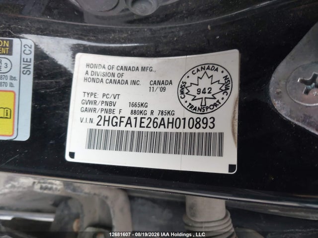 2010 Honda Civic მანქანა იყიდება აუქციონზე, vin: 2HGFA1E26AH010893, აუქციონის ნომერი: 12681607