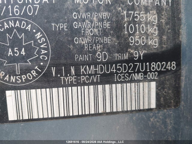 12681616 :رقم المزاد ، KMHDU45D27U180248 vin ، 2007 Hyundai Elantra Gl/gls مزاد بيع