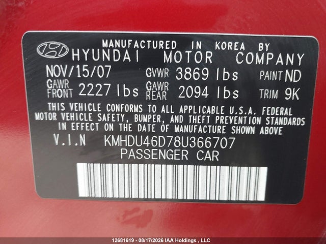 Aukcja sprzedaży 2008 Hyundai Elantra Gls/se, vin: KMHDU46D78U366707, numer aukcji: 12681619