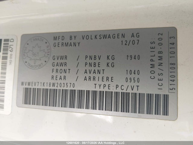Aukcja sprzedaży 2008 Volkswagen Gti 3-door, vin: WVWEV71K18W203570, numer aukcji: 12681620