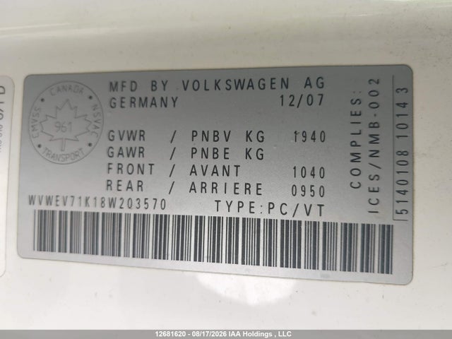 Aukcja sprzedaży 2008 Volkswagen Gti 3-door, vin: WVWEV71K18W203570, numer aukcji: 12681620