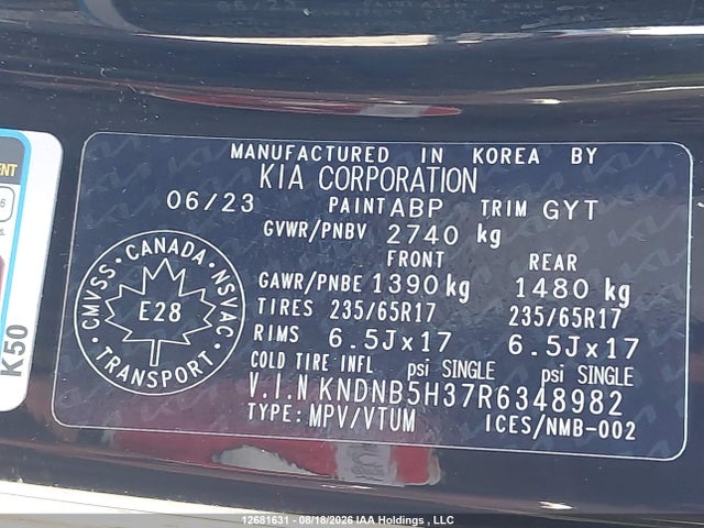 Auction sale of the 2024 Kia Carnival Lx/lx+, vin: KNDNB5H37R6348982, lot number: 12681631