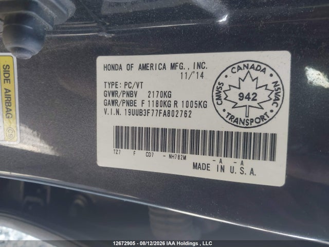12672905 :رقم المزاد ، 19UUB3F77FA802762 vin ، 2015 Acura Tlx Elite مزاد بيع