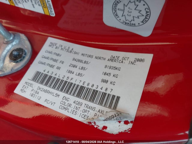 Aukcja sprzedaży 2007 Mitsubishi Eclipse Spyder Gs, vin: 4A3AL25F17E603487, numer aukcji: 12671410